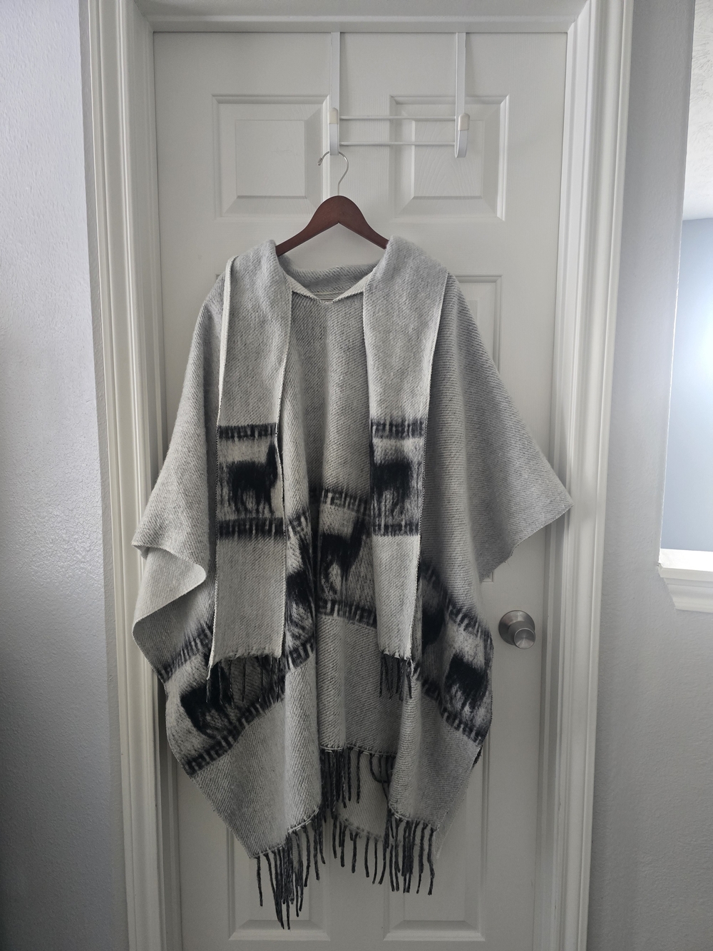 Peruvian Hooded Poncho Gray Black Cream Fringe Oversized Boho Wrap